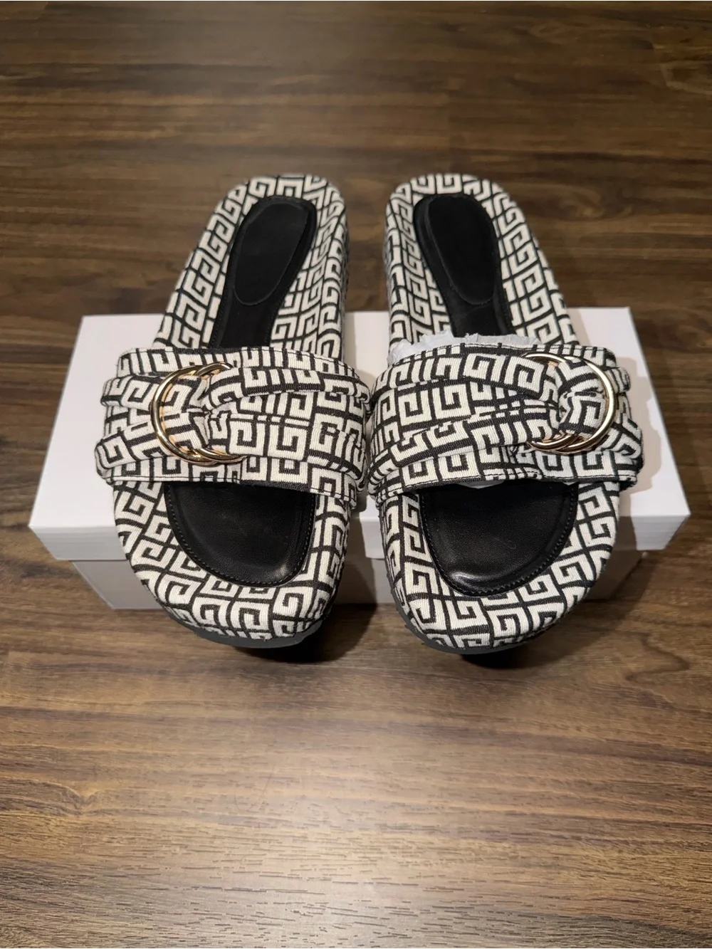 Black & White Geometric Slide Sandals with Gold Buckle